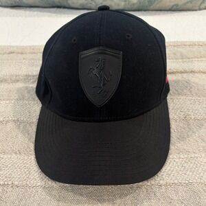 Puma Ferrari Scuderia Racing Hat Black Tonal 3D Shield Leather Strapback Cap EUC